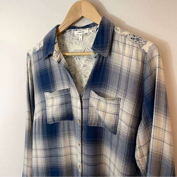 Maurices Plaid Floral Button Down Shirt Sz S Blue White Mixed Print Top Boho - Picture 2 of 11